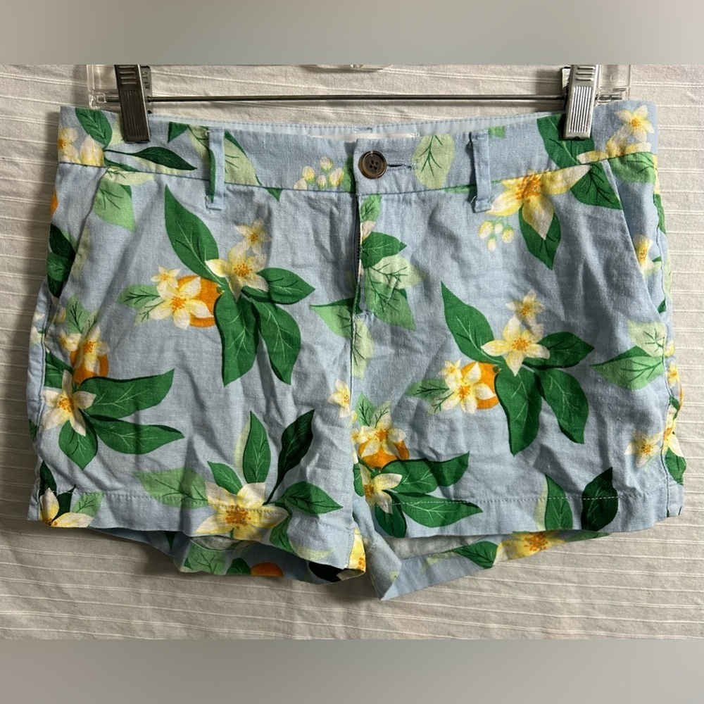 💝Old Navy Women’s Everyday Short Light Blue Floral Print Linen 3” Sz 2   B40